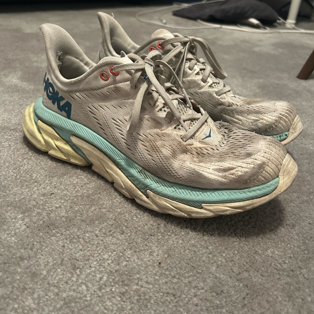Hoka Athletic Shoes in Beige and Aqua